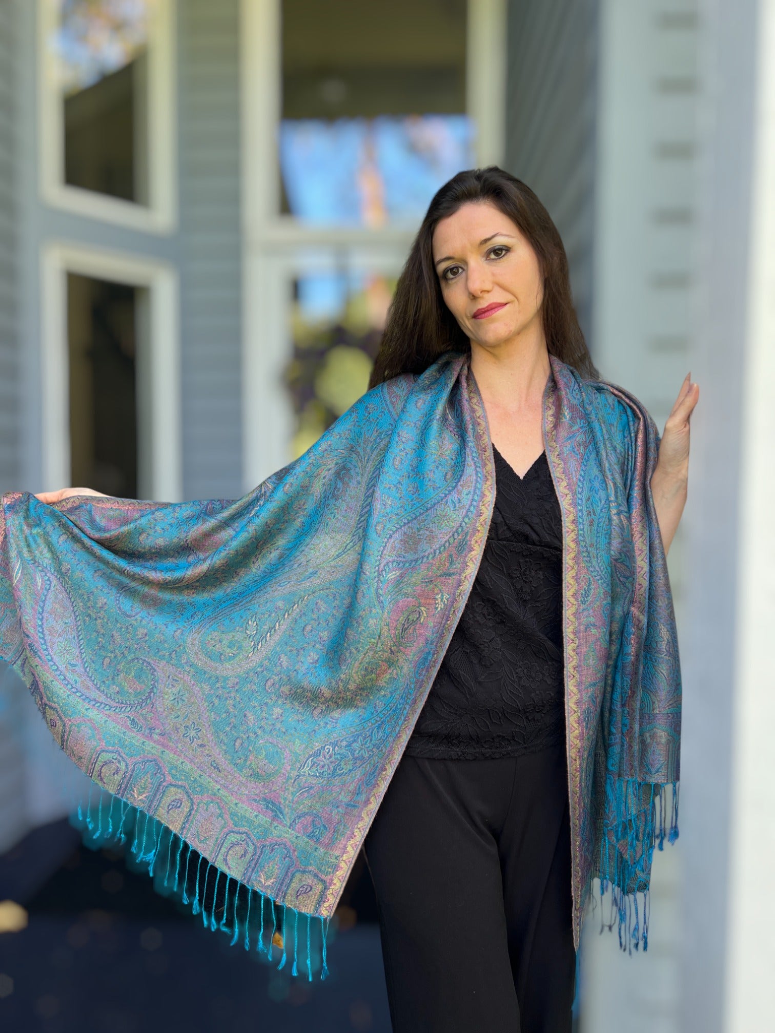 Turquoise Jamawar Pashmina Scarf Reversible Modal Silk for Elegant Style - Rosetta Creative Boutique